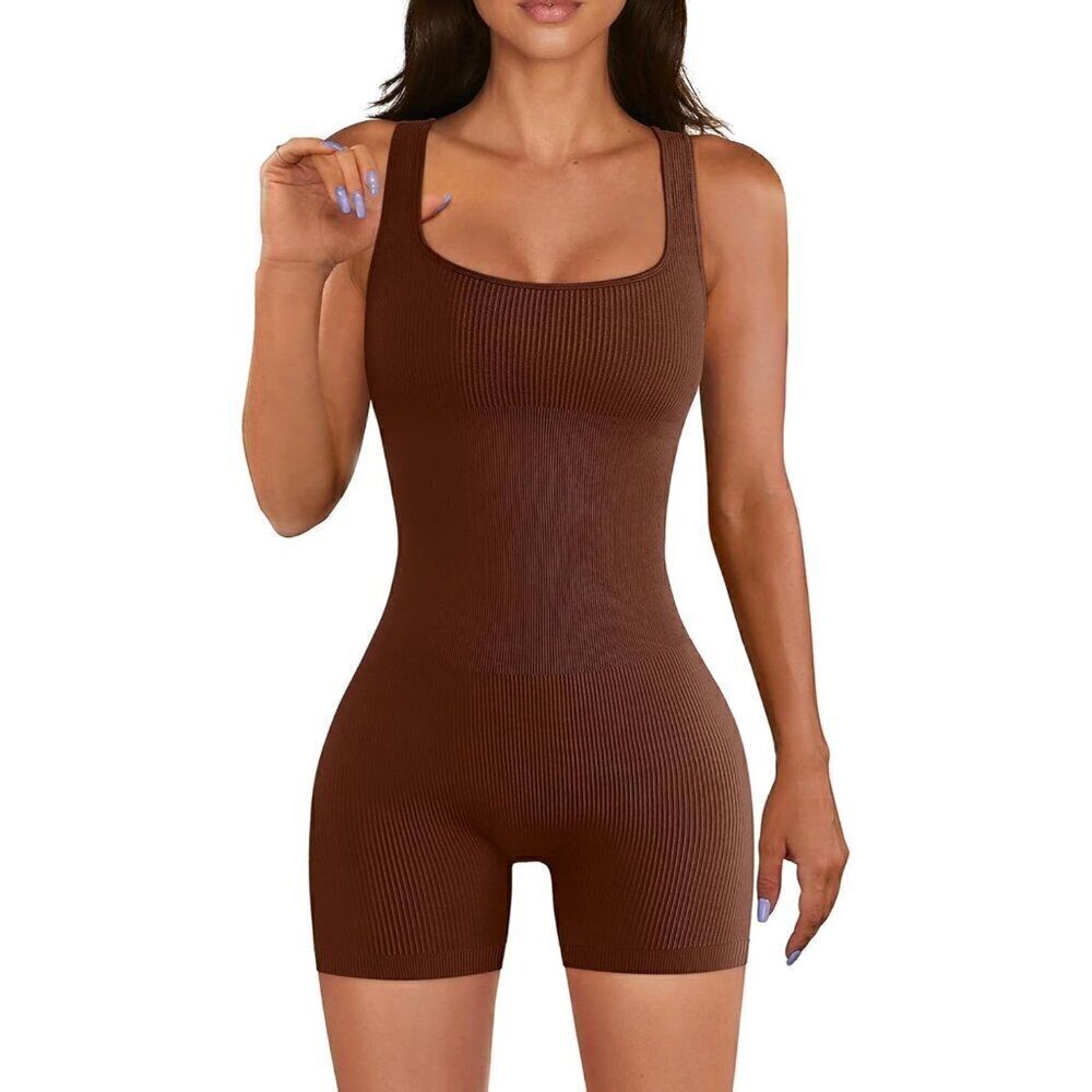 Women Brown Jumpsuit,  Bodycon Seamless Yoga Ribbed Active Romper, Rompers